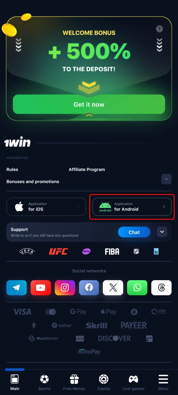 Download 1Win app APK for Android in Japan.