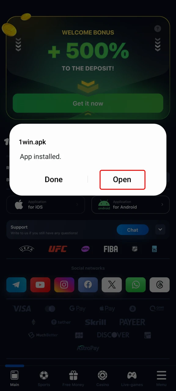 Install the 1Win app on your Android and get started right away.