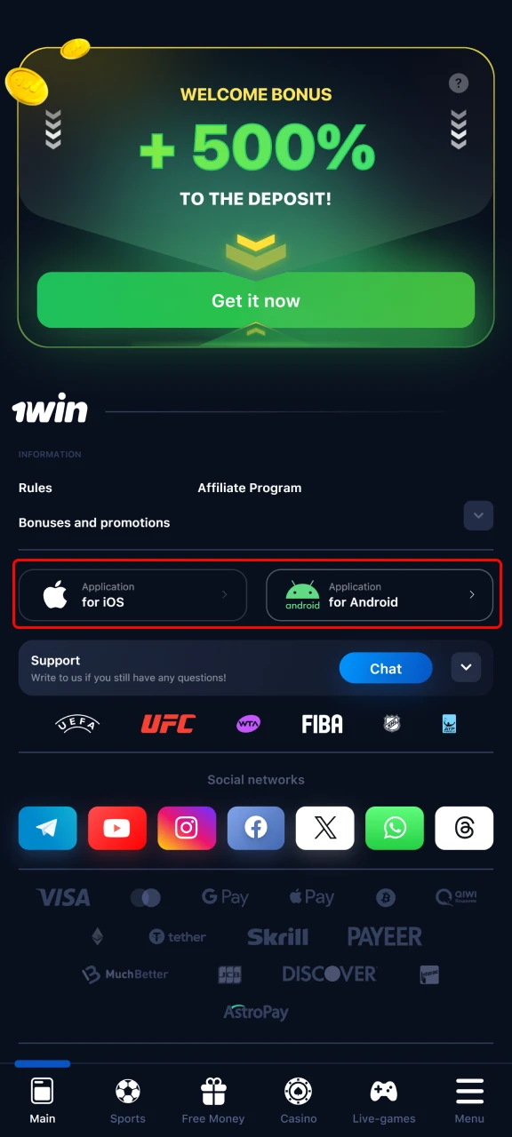 Scroll and install the 1Win app APK on your Android device.