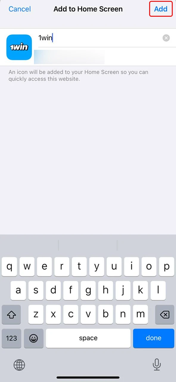 The 1Win app installation on iOS is confirmed with the Add button.