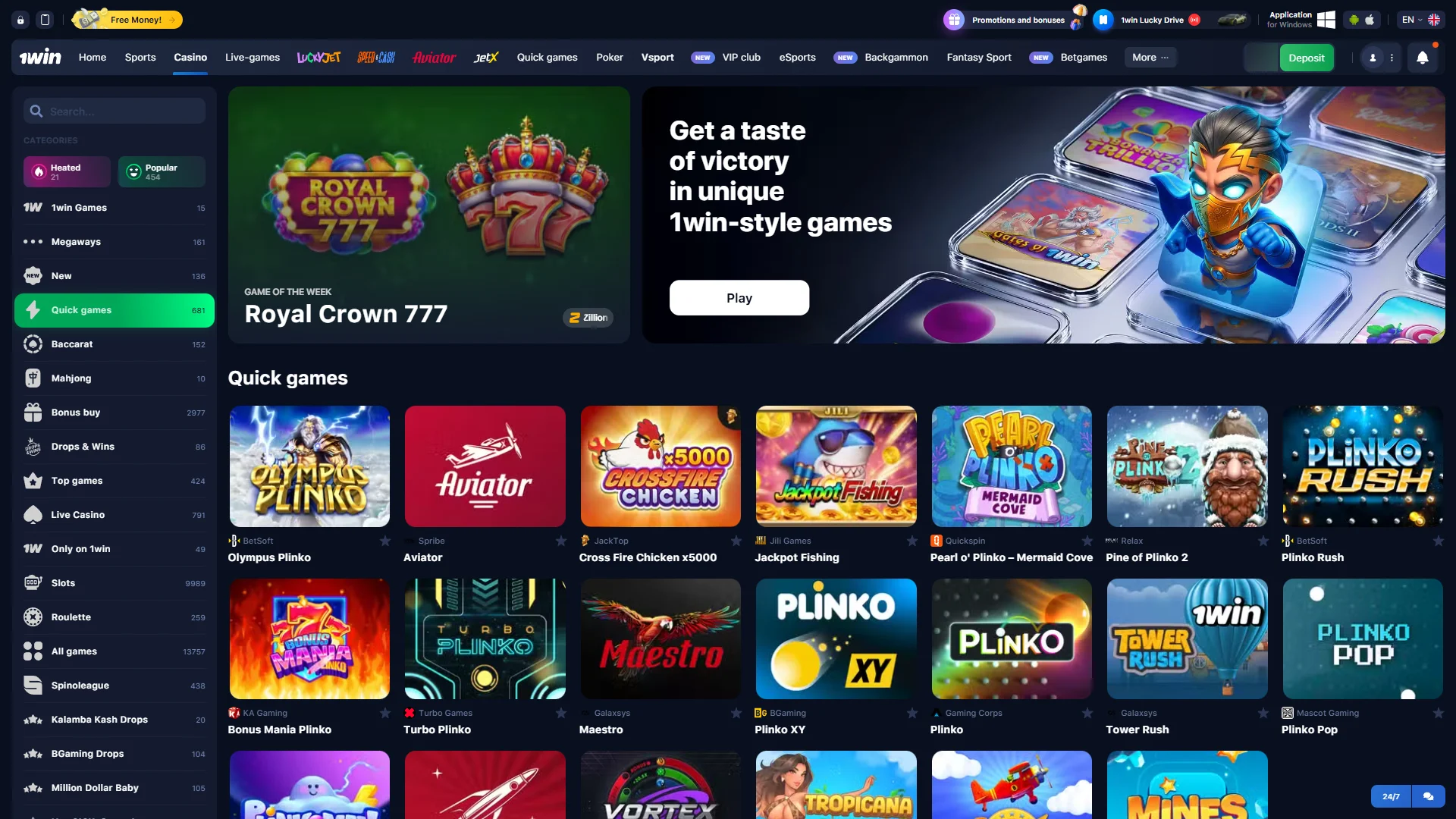 Japanese players can enjoy high-speed casino games with 1Win.