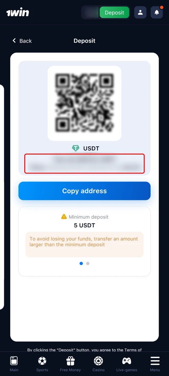 Add your deposit information in 1Win to proceed with the process.